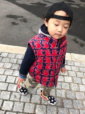 「アイテム（ダウンベスト、その他）」を使った、ふぁーさん（キッズ・90cm）の冬コーディネート