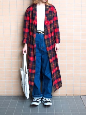 「赤チェック」｜「アイテム（その他アウター）」を使った、n@omiさん（レディース・160cm）の秋コーディネート