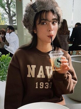 「14+（イチヨンプラス）のアイテム（キャップ）」を使った、十四 鳩子さん（レディース・160cm）の冬コーディネート