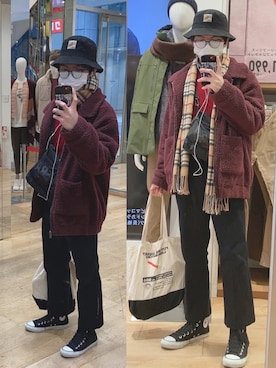 「レッド」｜「アイテム（その他アウター）」を使った、シュさん（メンズ・163cm）の冬コーディネート