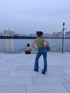 「MOUSSY（マウジー）のHI NECK LACE N/S TOPS（タンクトップ、イエロー系）」を使った、Sakuraさん（レディース・153cm）の夏コーディネート