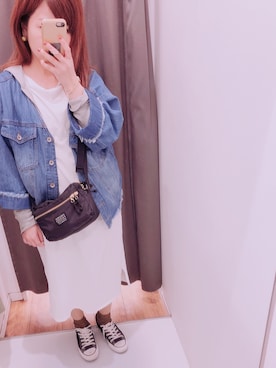 「w closet（ダブルクローゼット）のデニムVネックGジャン （デニムジャケット）」を使った、hugmayuさん（レディース・152cm）の春コーディネート