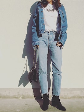 「6（ロク）のアイテム（Tシャツ/カットソー、ホワイト系）」を使った、Rinoさん（レディース・168cm）の春コーディネート