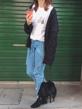 「carnebollenteのアイテム（Tシャツ/カットソー、ホワイト系）」を使った、Rinoさん（レディース・168cm）の秋コーディネート