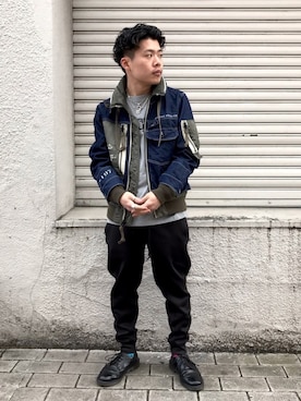 デニムジャケット（グリーン系）を使った「アメカジ」のメンズ人気