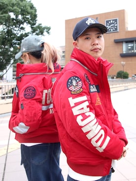 「アイテム（ミリタリージャケット、レッド系）」を使った、Syunさん（メンズ・165cm）の秋コーディネート