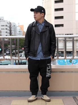 「ナイロンパンツ」｜「アイテム（ライダースジャケット）」を使った、Syunさん（メンズ・165cm）の秋コーディネート