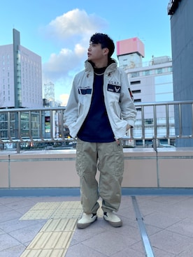 「アイテム（ミリタリージャケット、グレー系）」を使った、Syunさん（メンズ・165cm）の冬コーディネート