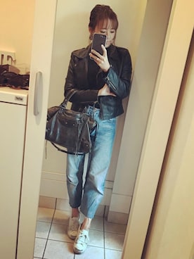 「リーバイス501」｜「アイテム（ライダースジャケット）」を使った、mayuさん（レディース・151cm）の冬コーディネート