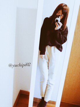 「JEANASIS（ジーナシス）のインベルトトラウザー/713122 （その他パンツ、ホワイト系）」を使った、yu-yuさん（レディース）の冬コーディネート