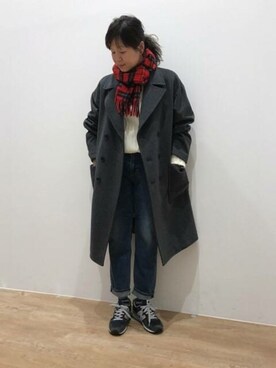 「チェックマフラー」｜「アイテム（ピーコート）」を使った、ニコルさん（レディース・164cm）の秋コーディネート
