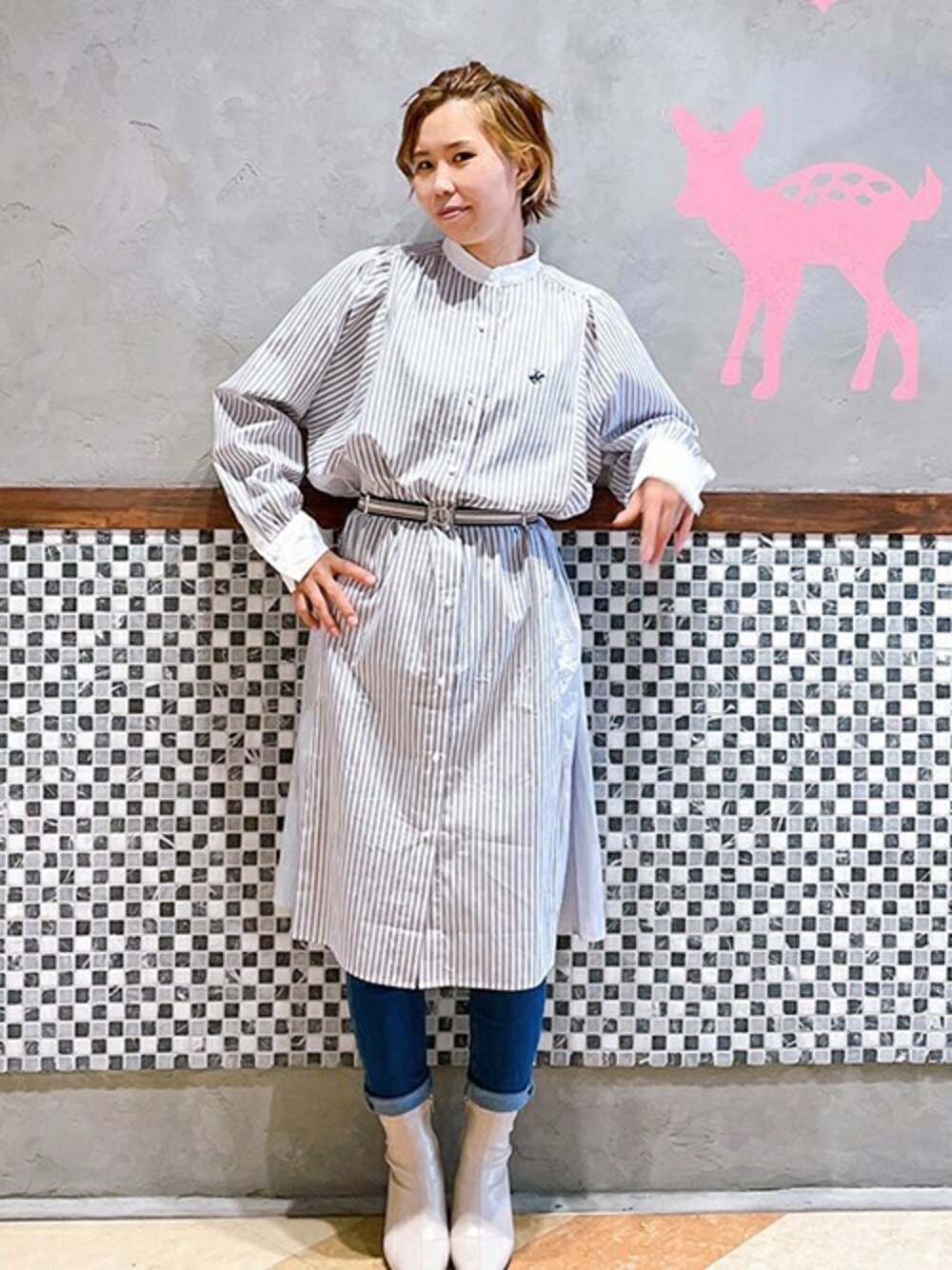 「ワンピース、カジュアル、ウエストマーク、シャツワンピ、春、179/WG、春コーデ」｜「179/WGのBEVERLY HILLS POLO CLUBコラボシャツワンピース（ワンピース、その他）」を使った、ニコルさん（レディース・161cm）の冬コーディネートの1枚目の写真