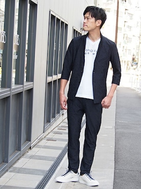 「ネイビー×ホワイト」｜「アイテム（その他アウター）」を使った、ニコルさん（メンズ・177cm）の春コーディネート