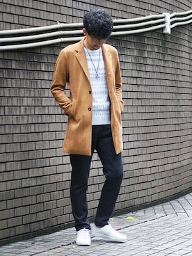 「アイテム（チェスターコート、イエロー系）」を使った、ニコルさん（メンズ・181cm）の秋コーディネート