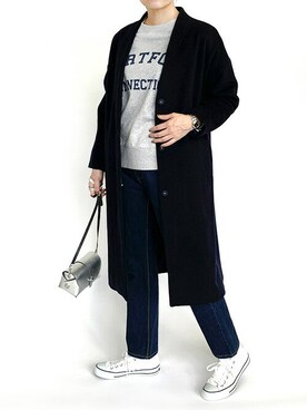 「アイテム（ノーカラーコート、ブルー系）」を使った、ニコルさん（メンズ・173cm）の冬コーディネート