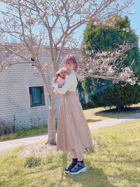 「EIMY ISTOIRE（エイミーイストワール）のフェイクレザーポイントコンビジャンスカ（ワンピース、ベージュ系）」を使った、zoeさん（レディース・162cm）の春コーディネート