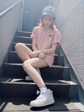 「HUF（ハフ）のJEROME YDS S/S KNIT TOP　HUF ハフ　カットソー（Tシャツ/カットソー、ピンク系）」を使った、zoeさん（レディース・162cm）の夏コーディネート
