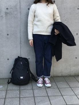「白ニット、黒リュック」｜「アイテム（ジャケット/アウター）」を使った、rinrinさん（レディース・162cm）の冬コーディネート