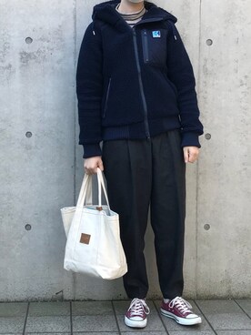 「ハイウエストパンツ」｜「アイテム（ブルゾン）」を使った、rinrinさん（レディース・162cm）の冬コーディネート