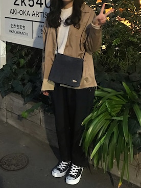 「黒パンツ」｜「アイテム（ステンカラーコート）」を使った、rinrinさん（レディース・163cm）の秋コーディネート