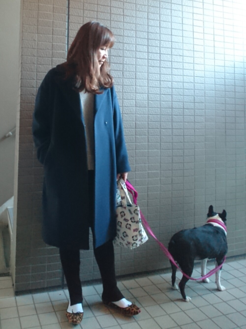 「オトナカジュアル、パンツスタイル、休日スタイル、チェスターコート、オーバーサイズ、ハイネックニット、リブパンツ、白ソックス、バレエシューズ、ボストンテリア」｜「IENAの《予約》MANTECO オーバーチェスターコート◆（チェスターコート、ブルー系）」を使った、akaneさん（レディース・165cm）の冬コーディネートの1枚目の写真