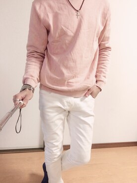 ニット セーターを使った ピンク 白 のメンズ人気ファッションコーディネート Wear