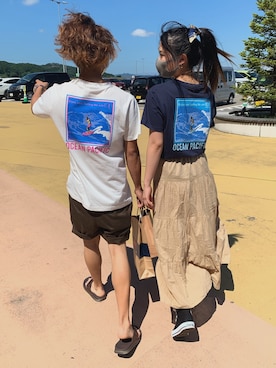 「Ocean Pacific（オーシャンパシフィック）のアイテム（Tシャツ/カットソー、ブルー系）」を使った、URALAさん（レディース）の夏コーディネート