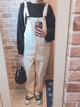 「ブラック×ホワイト」｜「アイテム（オールインワン・サロペット）」を使った、azuuuさん（レディース・160cm）の春コーディネート