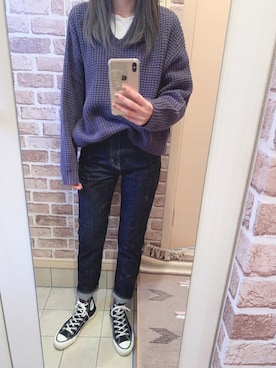「Ungrid（アングリッド）のハイウエストテーパードデニム（デニムパンツ）」を使った、azuuuさん（レディース・160cm）の秋コーディネート