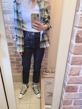 「Ungrid（アングリッド）のハイウエストテーパードデニム（デニムパンツ）」を使った、azuuuさん（レディース・160cm）の秋コーディネート