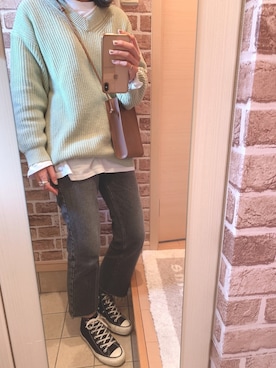 「Mila Owen（ミラオーウェン）のセンタープレス寸たらフレアデニムパンツ（デニムパンツ）」を使った、azuuuさん（レディース・160cm）の冬コーディネート