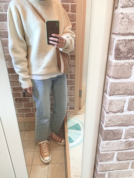 「Mila Owen（ミラオーウェン）のセンタープレス寸たらフレアデニムパンツ（デニムパンツ）」を使った、azuuuさん（レディース・160cm）の秋コーディネート