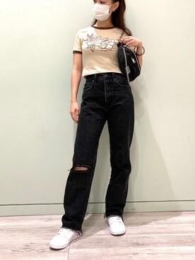 「FIG&VIPER（フィグアンドバイパー）のROSEリンガーショートT（Tシャツ/カットソー、ベージュ系）」を使った、FIG&VIPER_WAKANOさん（レディース・157cm）の夏コーディネート