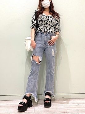 「FIG&VIPER（フィグアンドバイパー）のアニマル柄ボリュームTOP（Tシャツ/カットソー、グリーン系）」を使った、FIG&VIPER_WAKANOさん（レディース・157cm）の夏コーディネート