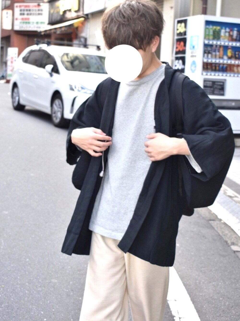 「おしゃれさんと繋がりたい、カジュアル、ゆるコーデ、ビッグシルエット、古着、着物、リュック、美容師、ベージュ、低身長」｜「Instagram🐑のアイテム（その他、その他）」を使った、みっち~さん（メンズ・166cm）の春コーディネートの1枚目の写真