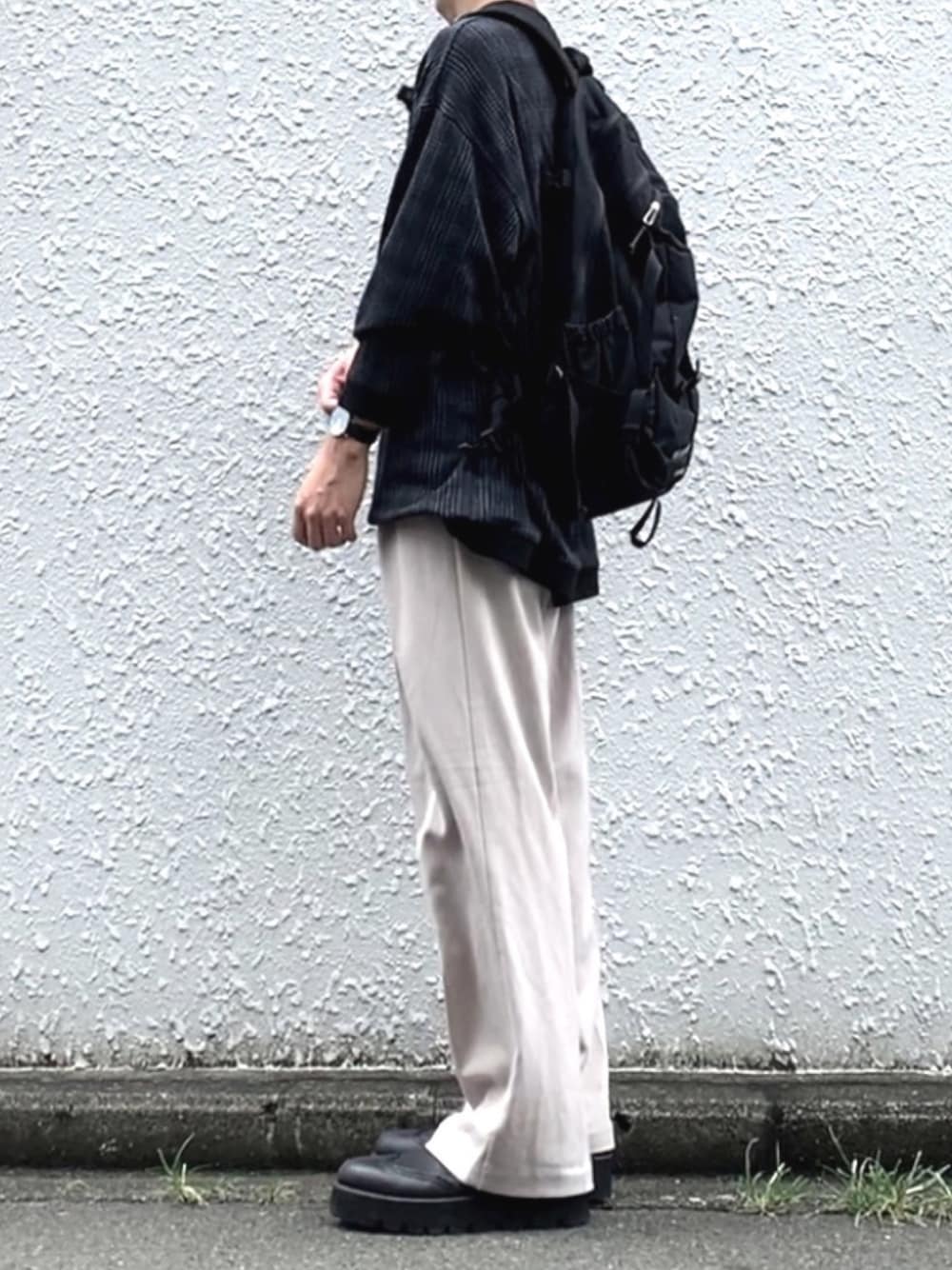 「shiyoh、THE NORTH FACE、秋のコーデ、YACA、フープディドゥ、whoop'-de-doo'、DW、ビックシルエット、低身長、リュック」｜「reverticalの【revertical】グレンチェックロングTシャツ（Tシャツ/カットソー、ブラック系）」を使った、みっち~さん（メンズ・166cm）の夏コーディネートの1枚目の写真