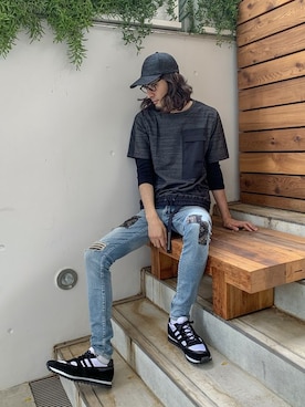 「5351 POUR LES HOMMES（ゴーサンゴーイチプールオム）のアイテム（帽子）」を使った、Watanabeさん（メンズ・190cm）の夏コーディネート