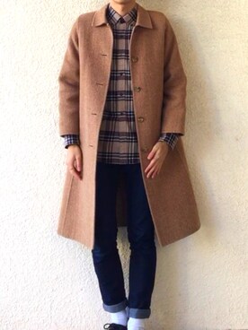 「ネルシャツ」｜「アイテム（ステンカラーコート）」を使った、ATSさん（メンズ・168cm）の冬コーディネート