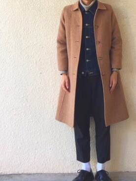 「no brand（ノーブランド）のアイテム（ステンカラーコート）」を使った、ATSさん（メンズ・168cm）の冬コーディネート
