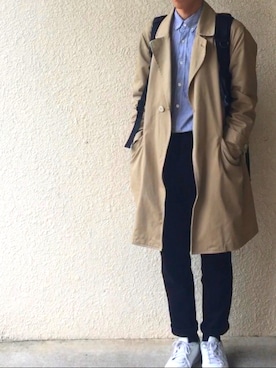「no brand（ノーブランド）のアイテム（ステンカラーコート）」を使った、ATSさん（メンズ・167cm）の春コーディネート