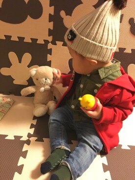 「MIKI HOUSE（ミキハウス）のアイテム（ニットキャップ/ビーニー）」を使った、はらりさん（キッズ・80cm）の冬コーディネート