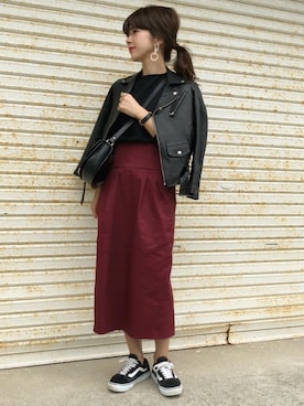 「オールドスクール」｜「アイテム（ライダースジャケット）」を使った、miisuuzuukiiさん（レディース・161cm）の秋コーディネート