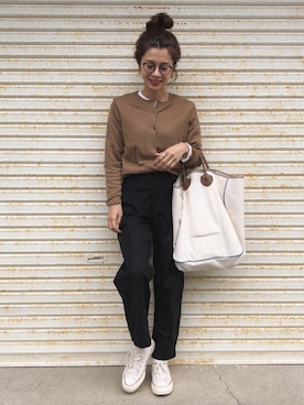 「YOUNG&OLSEN The DRYGOODS STORE（ヤングアンドオルセン）の【YOUNG & OLSEN】 CANVAS CARRYALL TOTE（トートバッグ）」を使った、miisuuzuukiiさん（レディース・161cm）の秋コーディネート