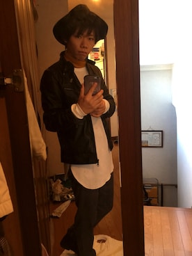 「しまむら（シマムラ）のアイテム（ライダースジャケット）」を使った、itachuさん（メンズ・172cm）の冬コーディネート