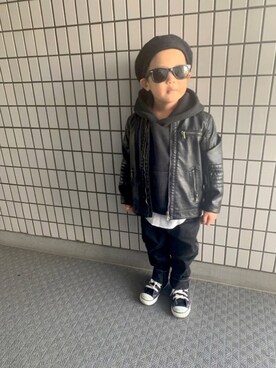 「ペインターパンツ」｜「アイテム（ライダースジャケット）」を使った、kotaroさん（キッズ・100cm）の冬コーディネート