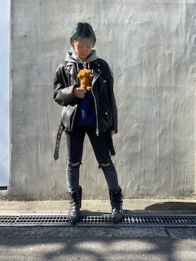 「WHITELAND（ホワイトランド）のアイテム（ライダースジャケット）」を使った、ながさきたいがさん（メンズ・169cm）の秋コーディネート