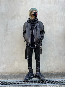 「WHITELAND（ホワイトランド）のアイテム（ライダースジャケット）」を使った、ながさきたいがさん（メンズ・169cm）の冬コーディネート