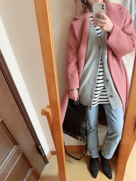 「MOUSSY（マウジー）のMVS SKINNY（デニムパンツ）」を使った、minami linkupさん（レディース・163cm）の冬コーディネート