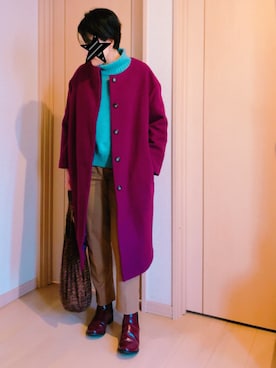 「ワインレッド」｜「アイテム（ノーカラージャケット）」を使った、KOALAMAMAさん（レディース・163cm）の冬コーディネート
