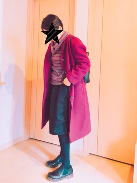 「ボーダーニット」｜「アイテム（ノーカラージャケット）」を使った、KOALAMAMAさん（レディース・163cm）の冬コーディネート